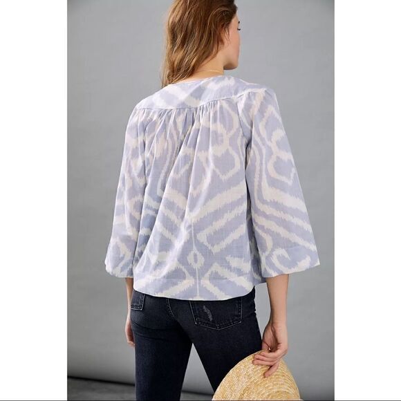 NEW Anthropologie Laverne Ikat Bell Sleeved V-Neck Cotton Blouse Large Petite - Picture 3 of 3